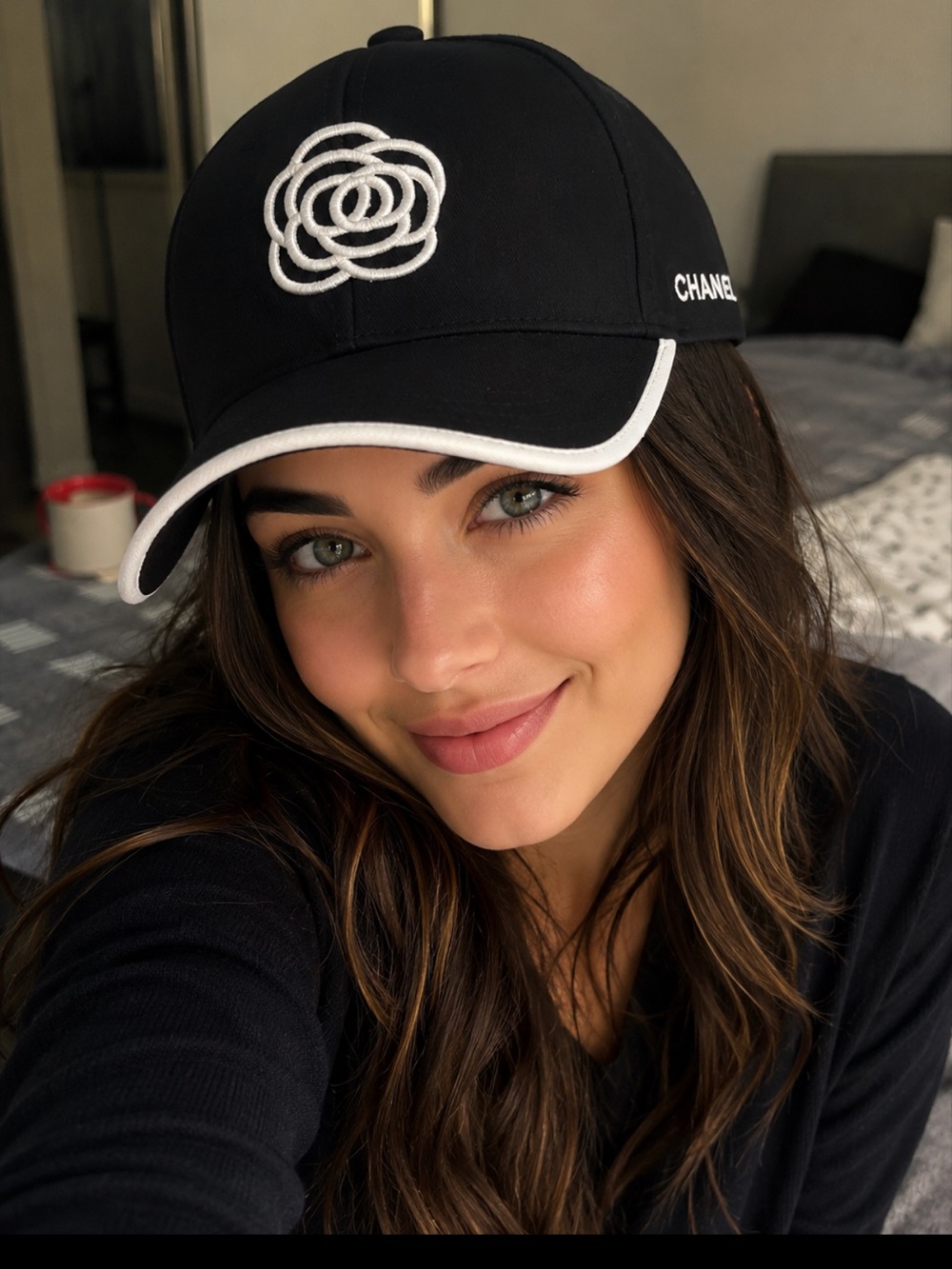 CHANEL Black and White Camellia Embroidered Baseball Cap